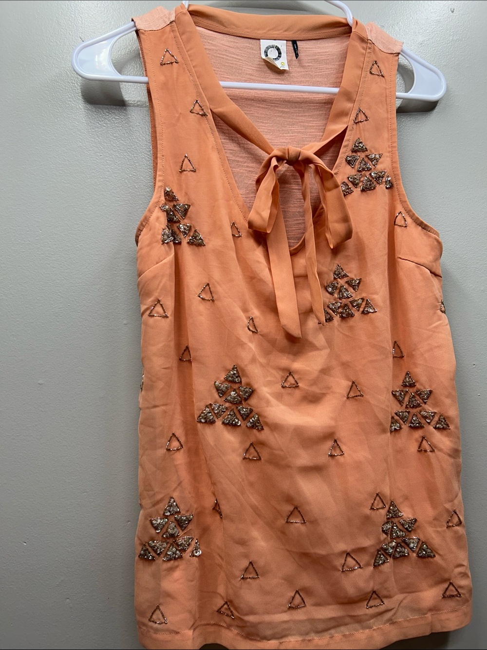 Akemi + Kin Anthropologie Peach Tie-Neck Sleeveless Beaded Blouse
